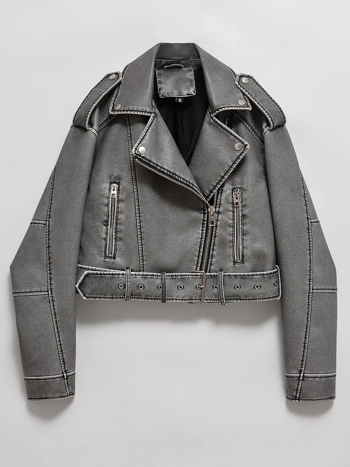 Giacca corta in pelle sintetica vintage donna 2025 – stile biker con zip, cintura e lavaggio effetto usato