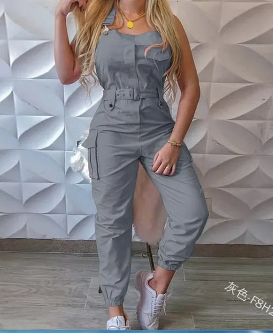 Jumpsuit cargo donna 2025 – tuta senza maniche con spalline sottili, tasche utility, look casual chic