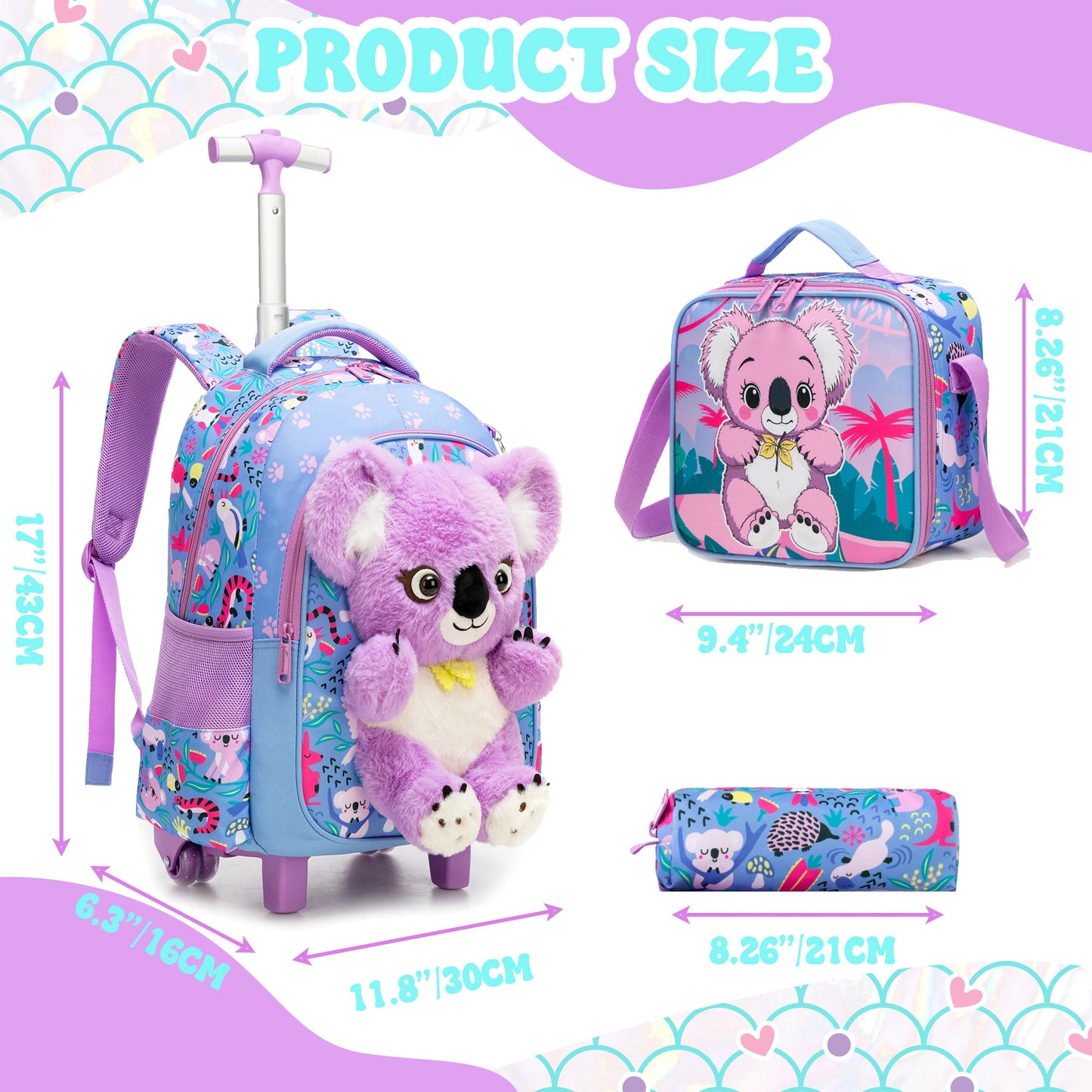 Girls 3D Plush Cat Rolling Backpack 3PCS Set - Waterproof Trolley School Bag with Wheels, Insulated Lunch Bag and Pencil Pouch -