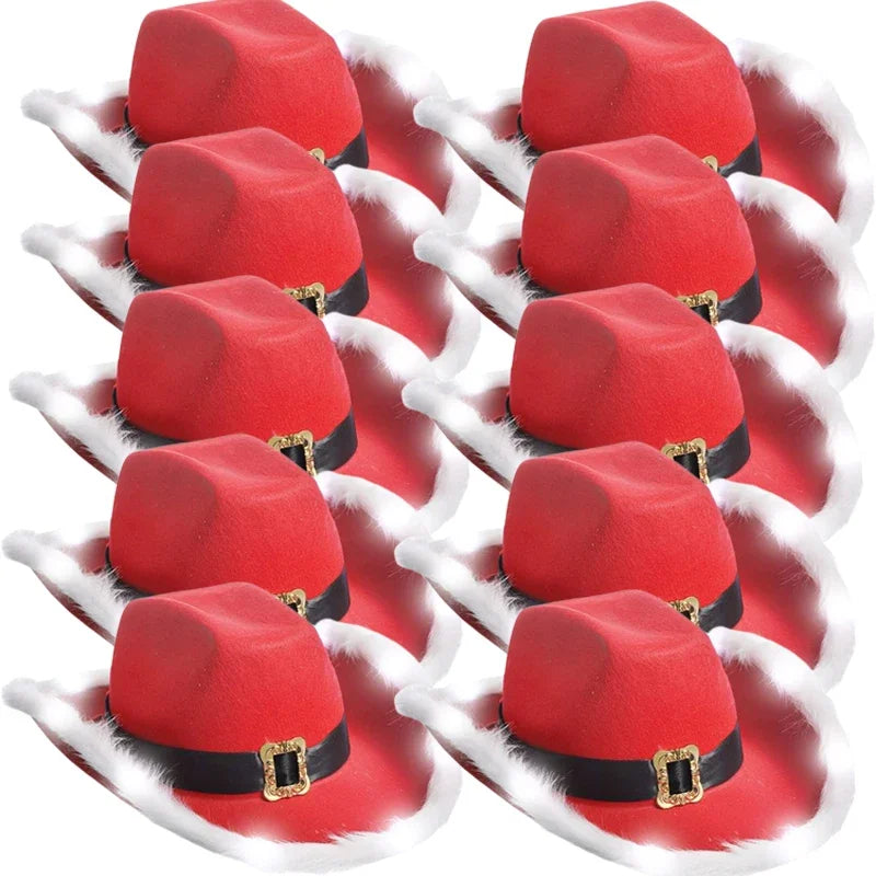 Cappello cowboy “Babbo Natale” rosso in feltro con tesa larga – floccato, unisex per festa western natalizia 2025