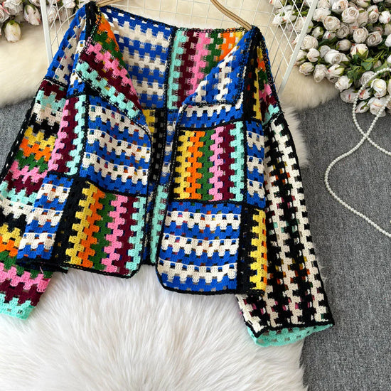 Cardigan multicolore crochet donna – Maglione traforato patchwork openwork