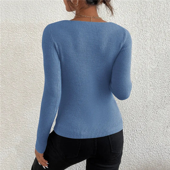 Maglia donna a costine con scollo a V e maniche lunghe