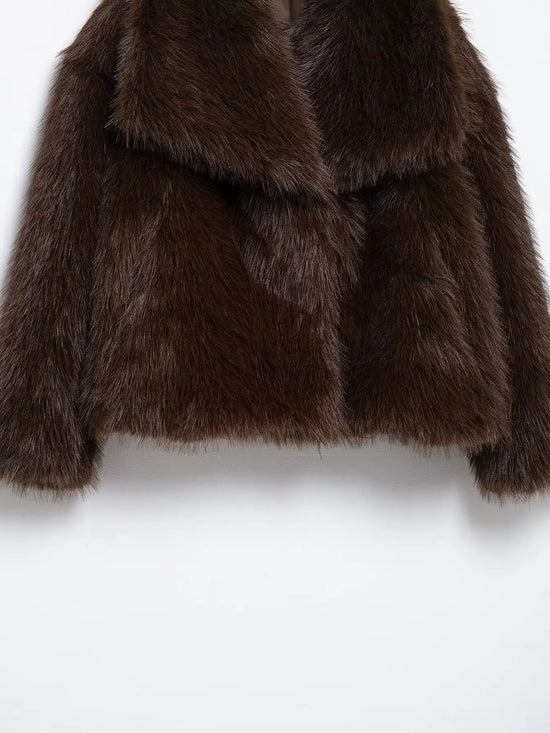 Giacca in pelliccia sintetica marrone con scollo a V per donna – Giacca lunga a maniche lunghe, stile casual elegante per l'autunno/inverno