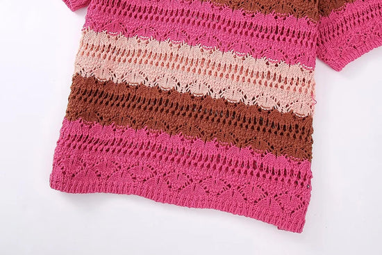 Co-ord estivo donna 2025 — Set maglia jacquard a righe con cardigan e shorts