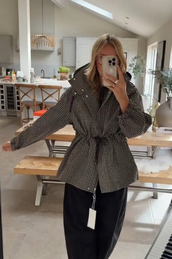 Giacca donna a quadri con cappuccio e zip