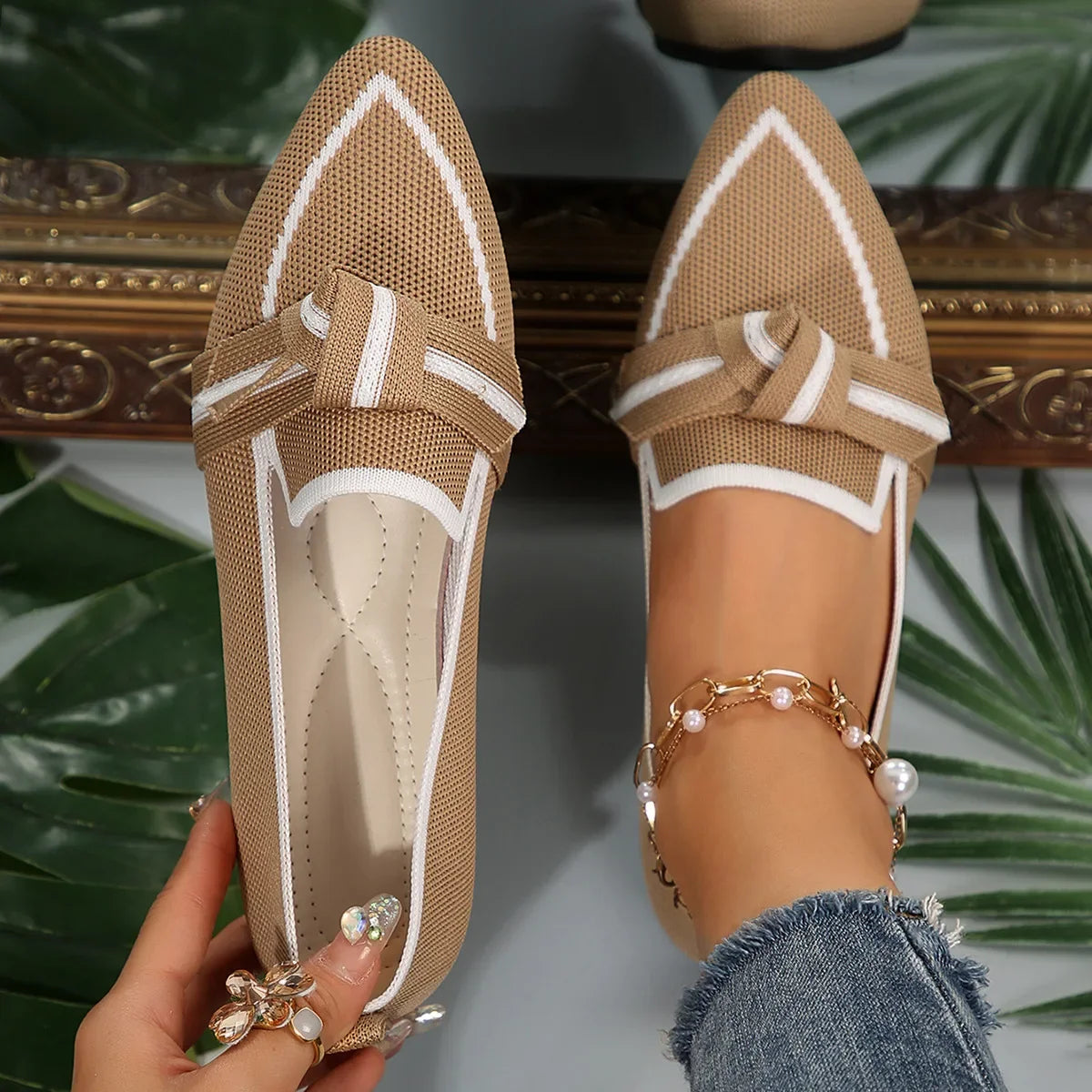 Ballerine Donna  – Scarpe Slip-On Traspiranti in Maglia a Punta con Nodo Decorativo
