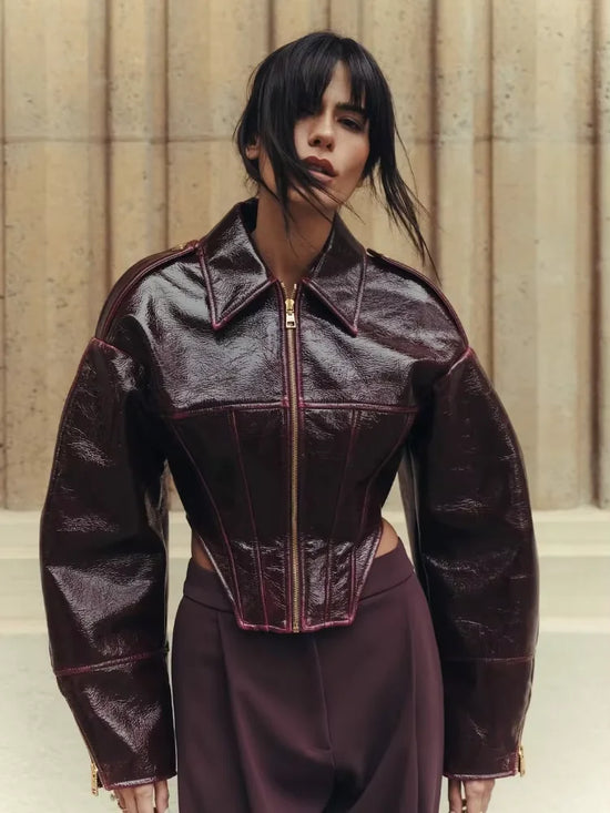 Giacca Biker Donna Effetto Pelle Lucida con Zip – Nero o Rosso