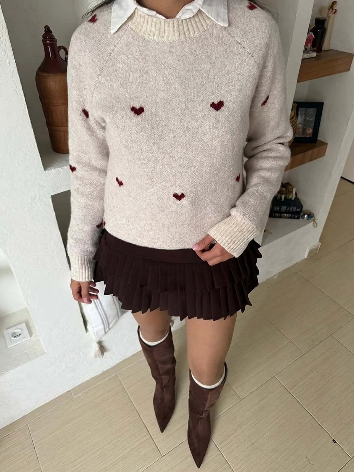 Maglione donna con cuori jacquard e maniche raglan