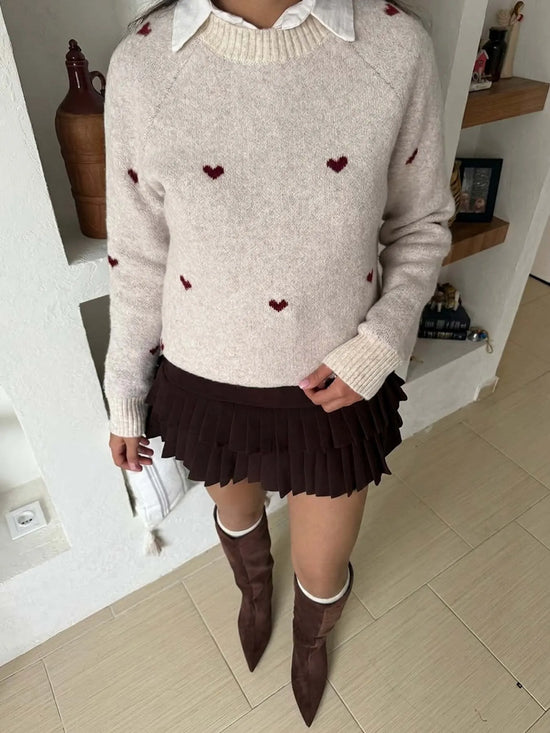 Maglione donna con cuori jacquard e maniche raglan