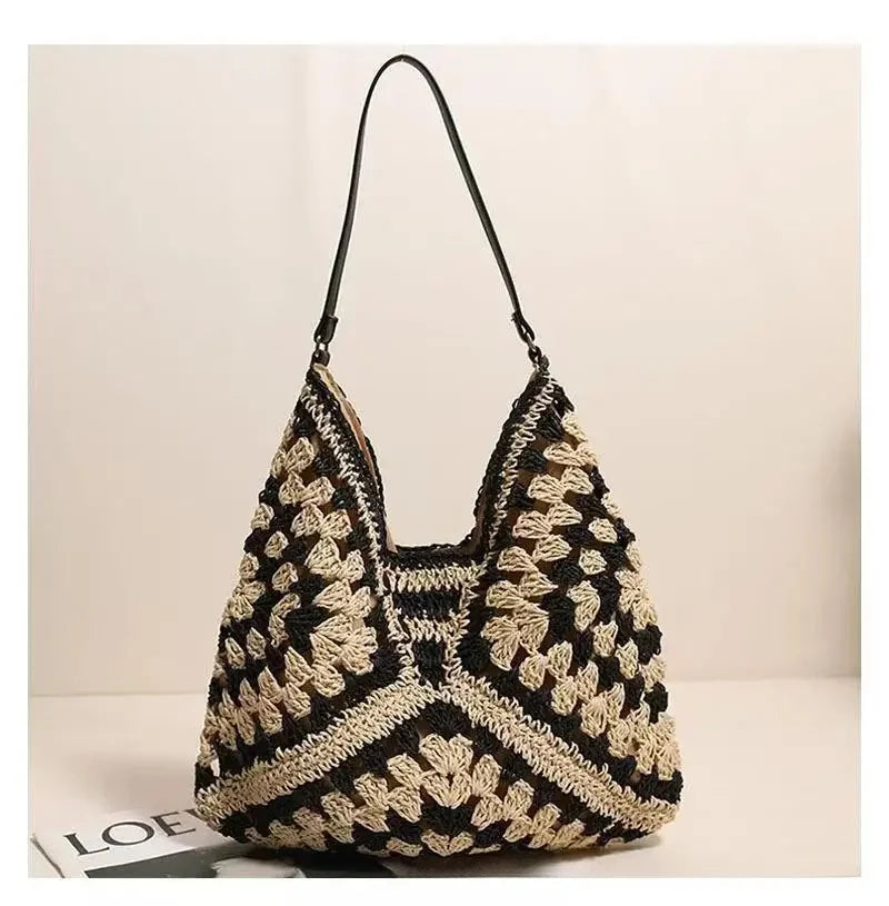 Borsa in paglia intrecciata traforata – straw hollow-out shoulder bag con tasca per smartphone, ideale per viaggio e shopping