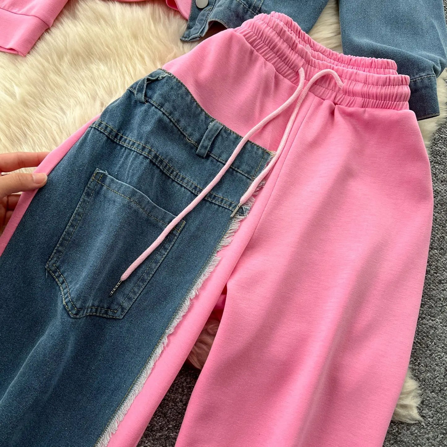 Set denim donna 2025 – completo felpa con cappuccio + pantaloni larghi elasticizzati, co-ord casual trendy