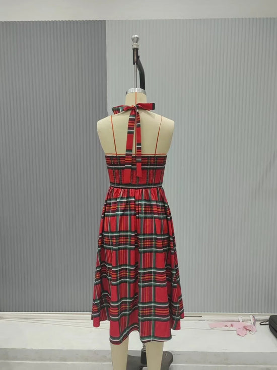 Abito donna autunno-inverno con motivo scozzese natalizio – manica lunga, vita regolare, stile elegante plaid rossa e verde