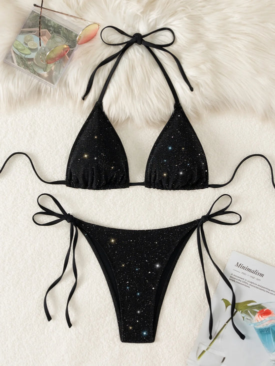 Bikini Nero con Paillettes – Costume Sexy Push Up Brillante