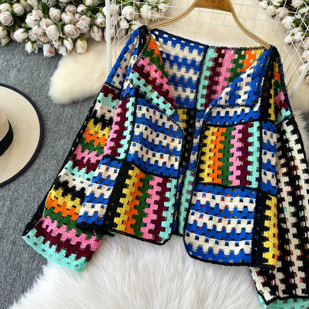Cardigan multicolore crochet donna – Maglione traforato patchwork openwork