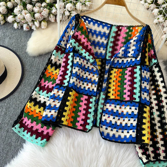 Cardigan multicolore crochet donna – Maglione traforato patchwork openwork