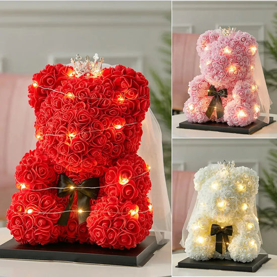 Orsetto di Rose Artificiali 25 cm con Scatola – Regalo Romantico San Valentino