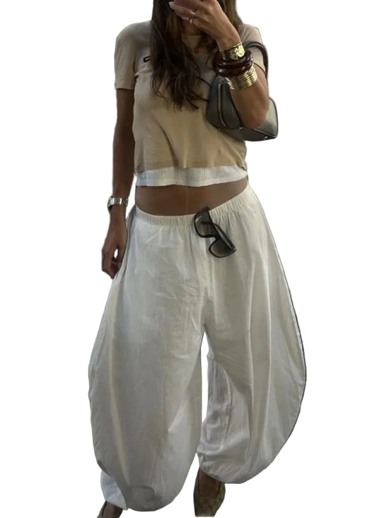 Pantaloni Balloon Donna Vita Alta – Wide Leg Bianco con Tasche