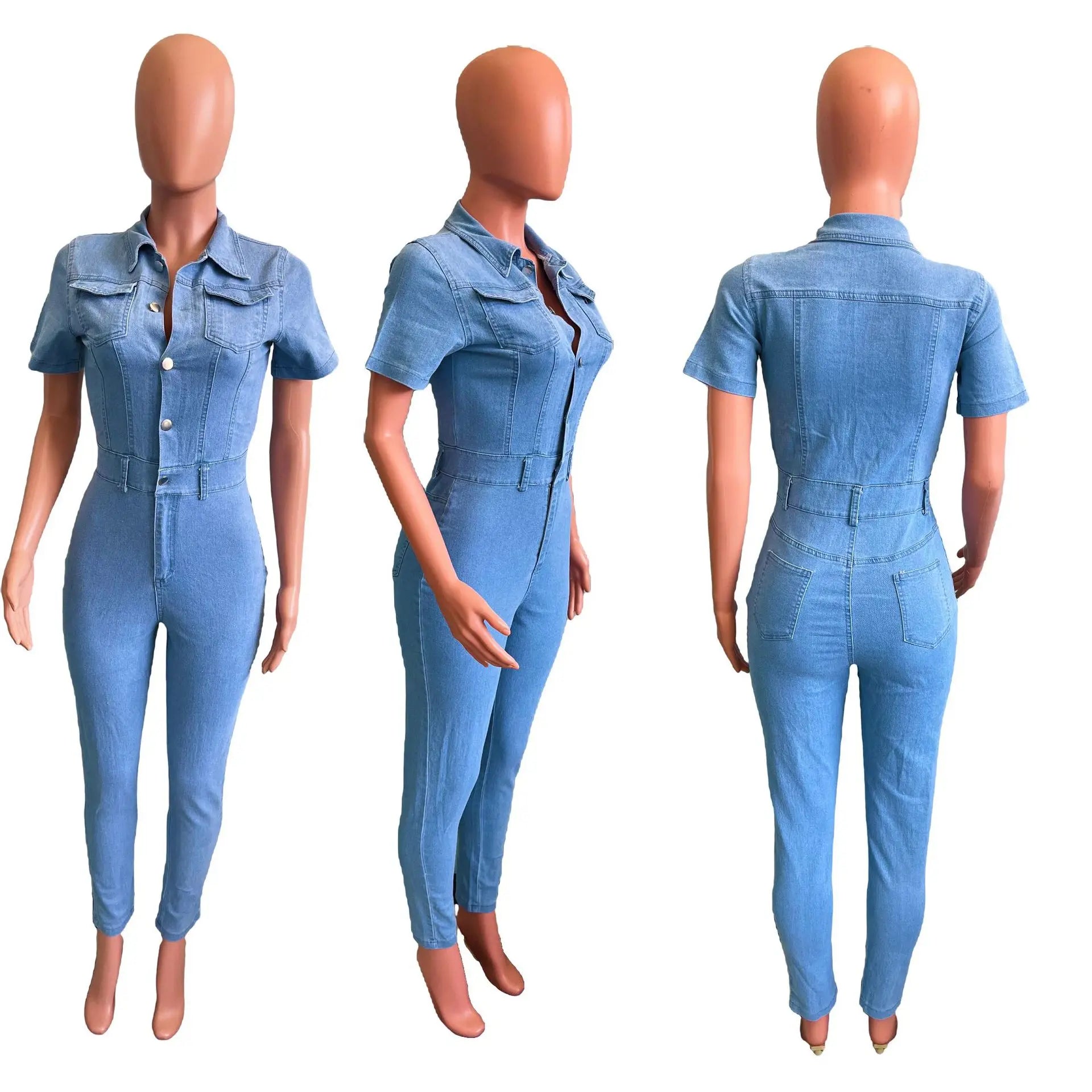 Jeans salopette skinny donna 2025 ‒ denim stretch blu con bottoni, jumpsuit casual con colletto a rever