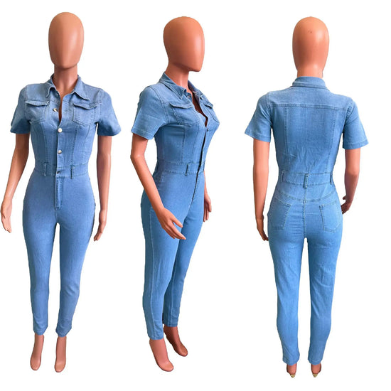 Jeans salopette skinny donna 2025 ‒ denim stretch blu con bottoni, jumpsuit casual con colletto a rever