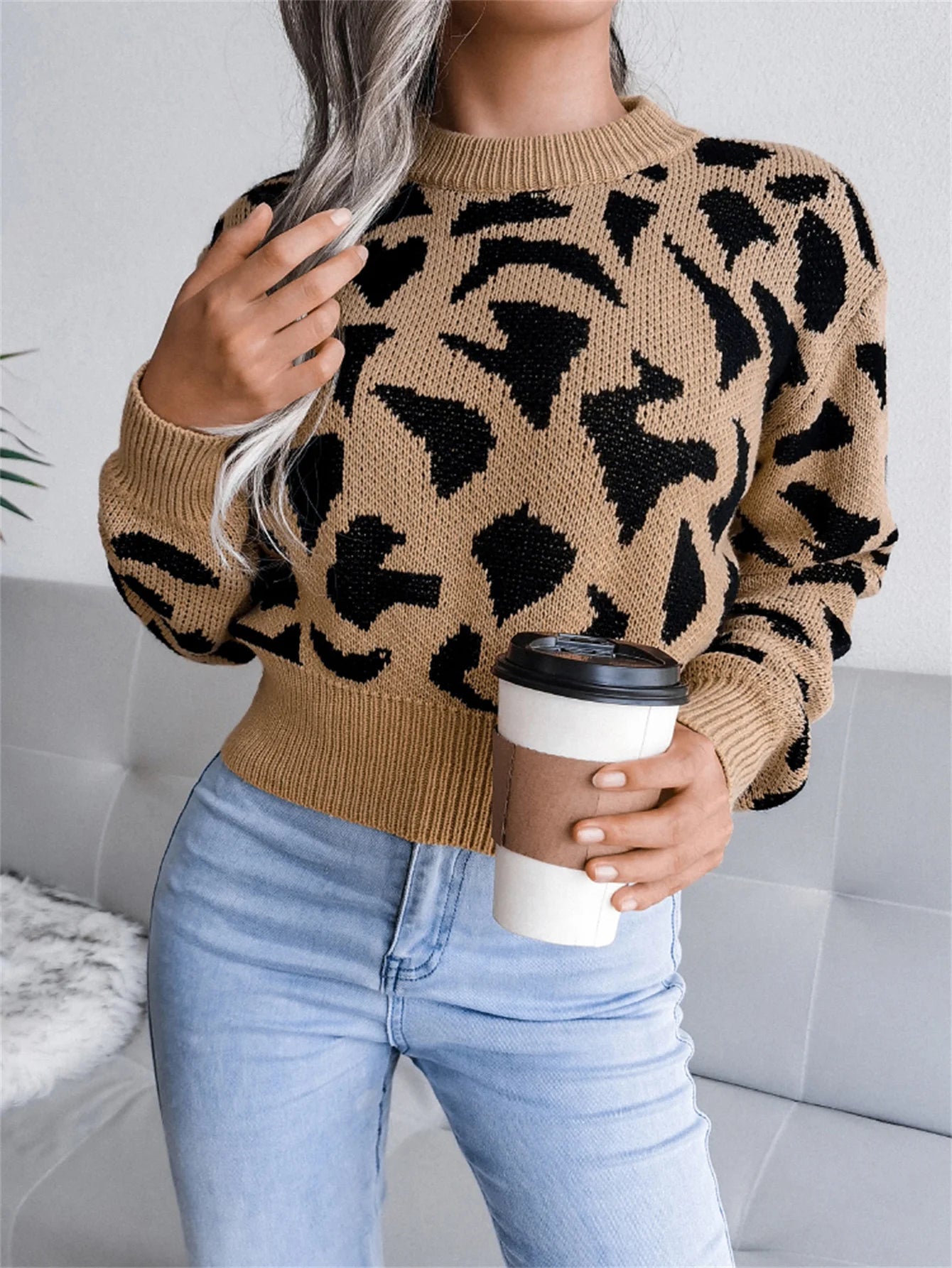 Pullover con stampa leopardata donna – Maglione corto girocollo per autunno/inverno, knit con raccolta in vita