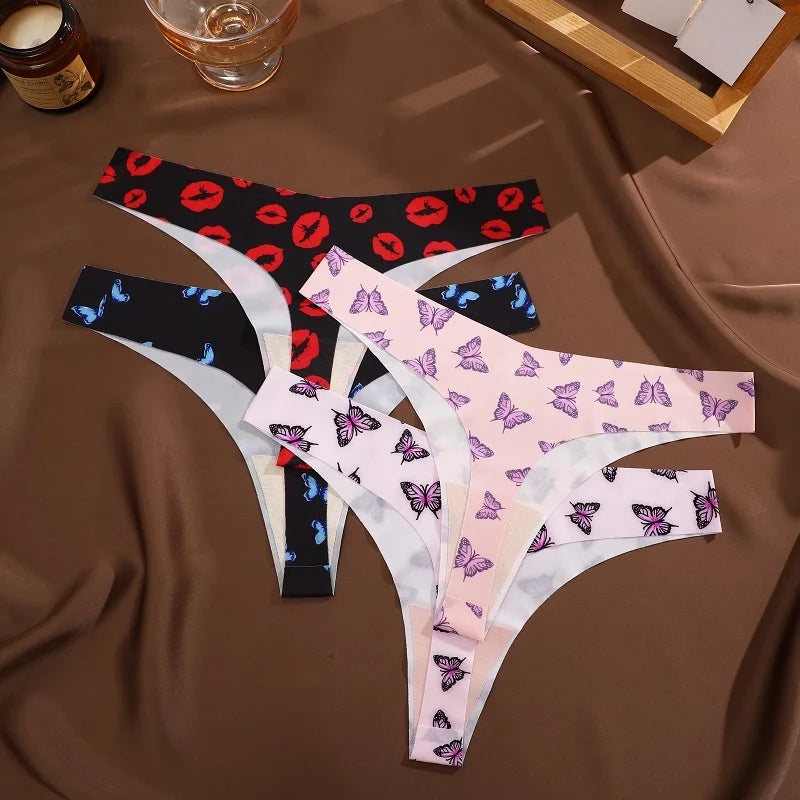 Set 7 pezzi perizomi donna in ice silk ultra sottile – G-string vita bassa con stampa farfalla/leopardato/frutta, lingerie comfort e sexy
