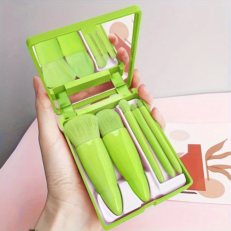 Set Pennelli Trucco Portatile 5 pezzi con Specchio – Kit Makeup da Viaggio