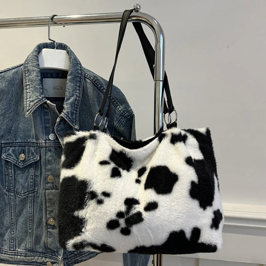 Borsa in Ecopelliccia Donna Animalier Mucca – Grande Capacità a spalla