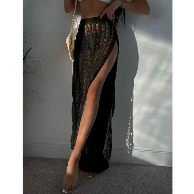 Pantaloni a Vita Alta in Cotone con Inserti Mesh e Spacco Alto per il mare
