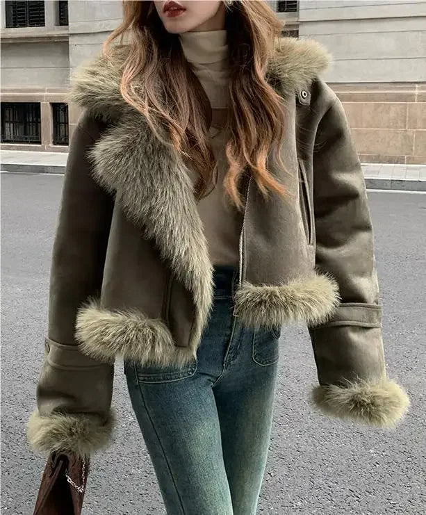 Giacca biker in pelle scamosciata donna con fodera in pelliccia sintetica – Cappotto corto casual slim fit per autunno e inverno