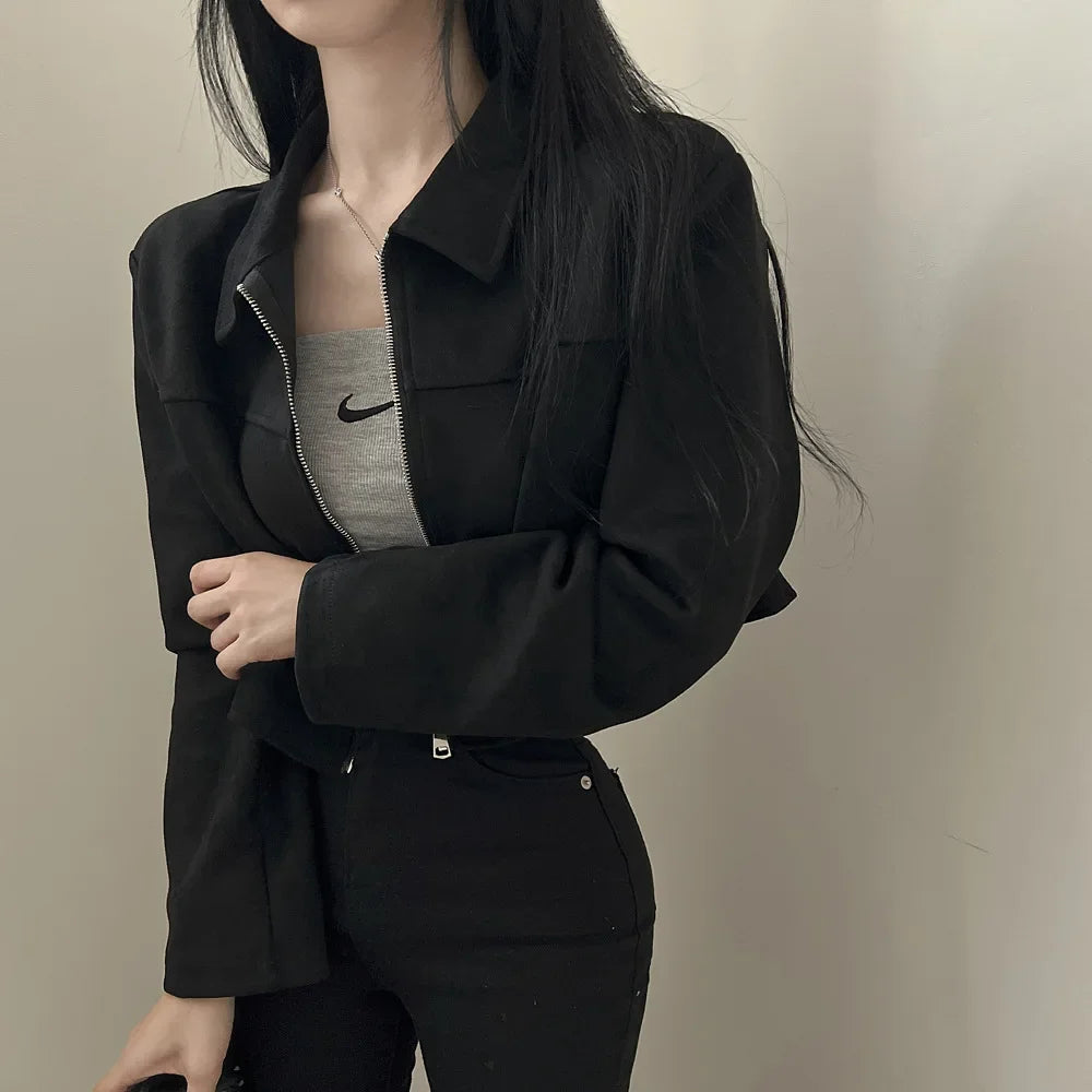 Giacca in pelle donna stile vintage – Giubbotto corto con zip, collo alla coreana, taglio slim fit, versatile e alla moda