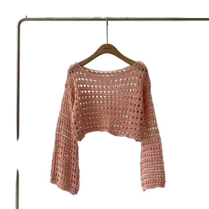 Top a manica lunga in maglia crochet donna –  boho chic trasparente