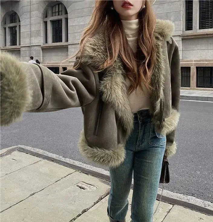 Giacca biker in pelle scamosciata donna con fodera in pelliccia sintetica – Cappotto corto casual slim fit per autunno e inverno