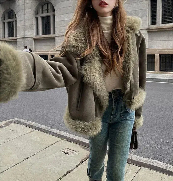 Giacca biker in pelle scamosciata donna con fodera in pelliccia sintetica – Cappotto corto casual slim fit per autunno e inverno