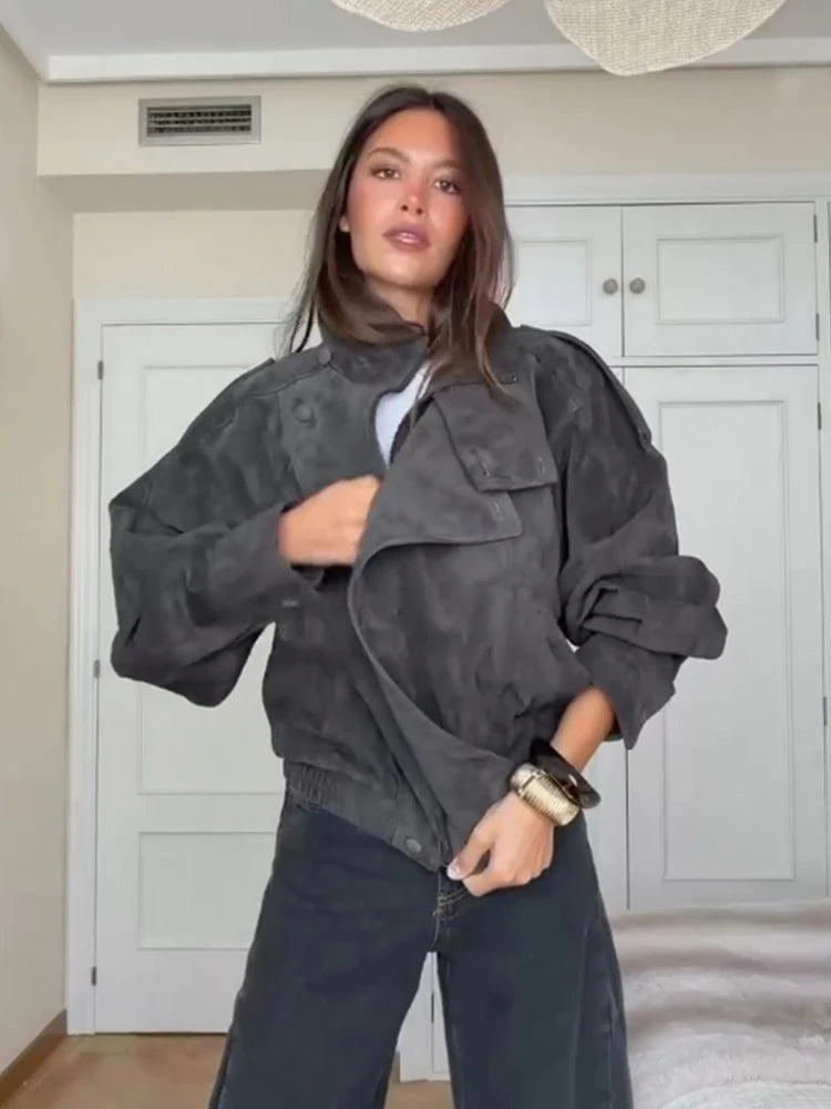 Giacca Effetto Camoscio Donna con Collo Alto e Zip - immagine 3