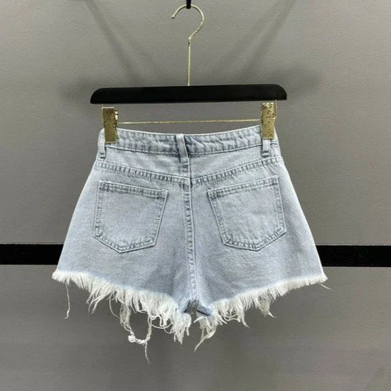 Shorts jeans donna strappati con strass – Vita alta estate 2025