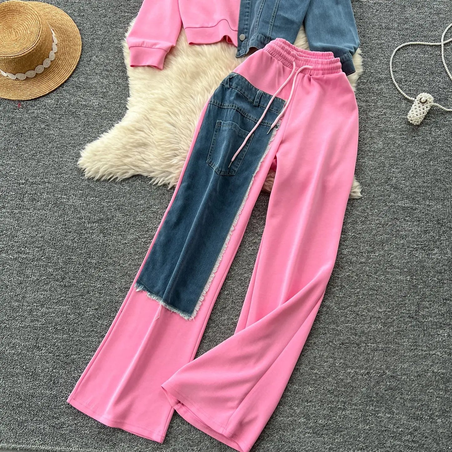 Set denim donna 2025 – completo felpa con cappuccio + pantaloni larghi elasticizzati, co-ord casual trendy