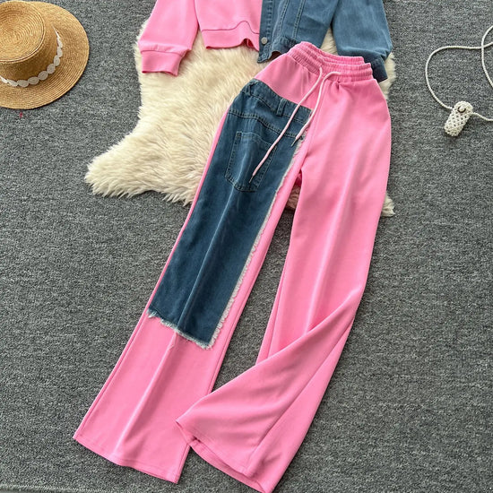Set denim donna 2025 – completo felpa con cappuccio + pantaloni larghi elasticizzati, co-ord casual trendy