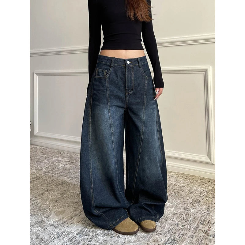 Jeans baggy wide leg donna Y2K – modello retrò vita alta in denim blu oversize 2025