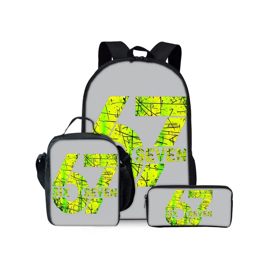 New Colorful Number 67 Print Three Piece Set Backpacks for Boy and Girls Best Gifts 2D Flat Cartoon School Bag for Children