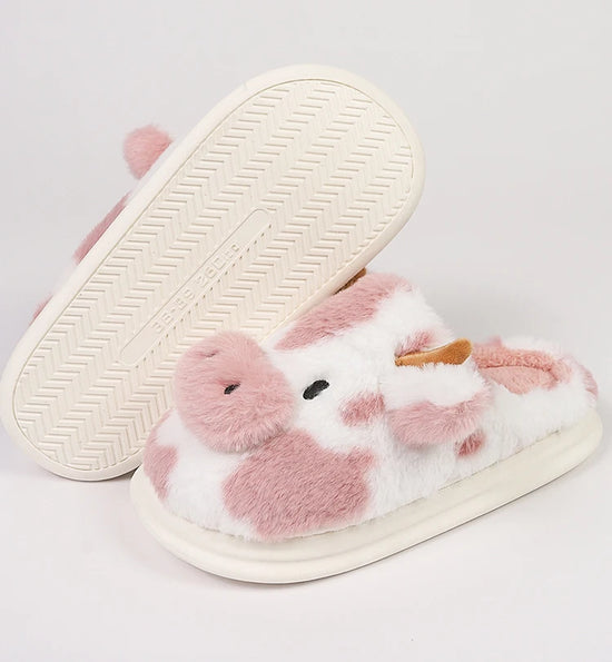 Casual Fluffy Slippers Women House Cute Cartoon Cow Designer Shoes Girl Flat Fashion Elegant Plush Winter Platform Footwear Home