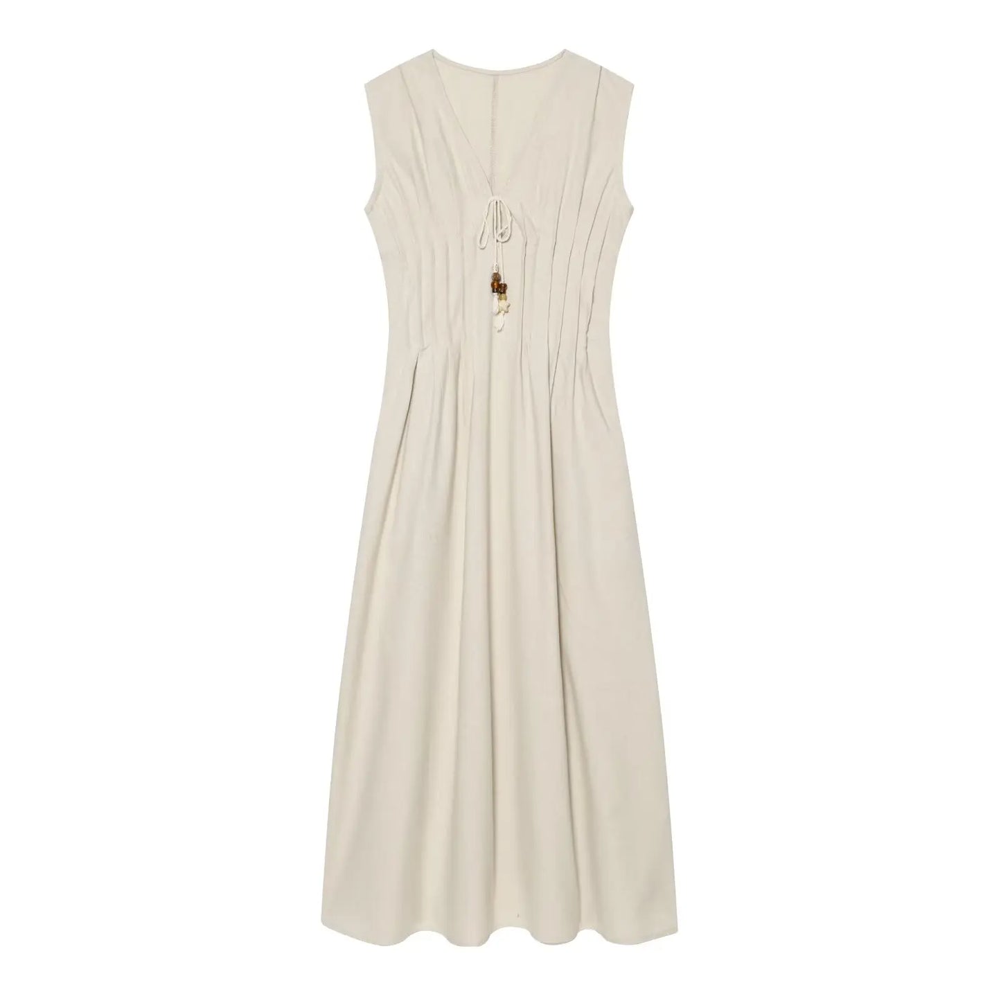 Abito Donna in Lino e Cotone – Vestito Beige Estivo con Scollo a V