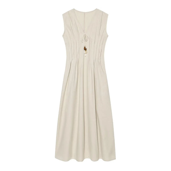 Abito Donna in Lino e Cotone – Vestito Beige Estivo con Scollo a V
