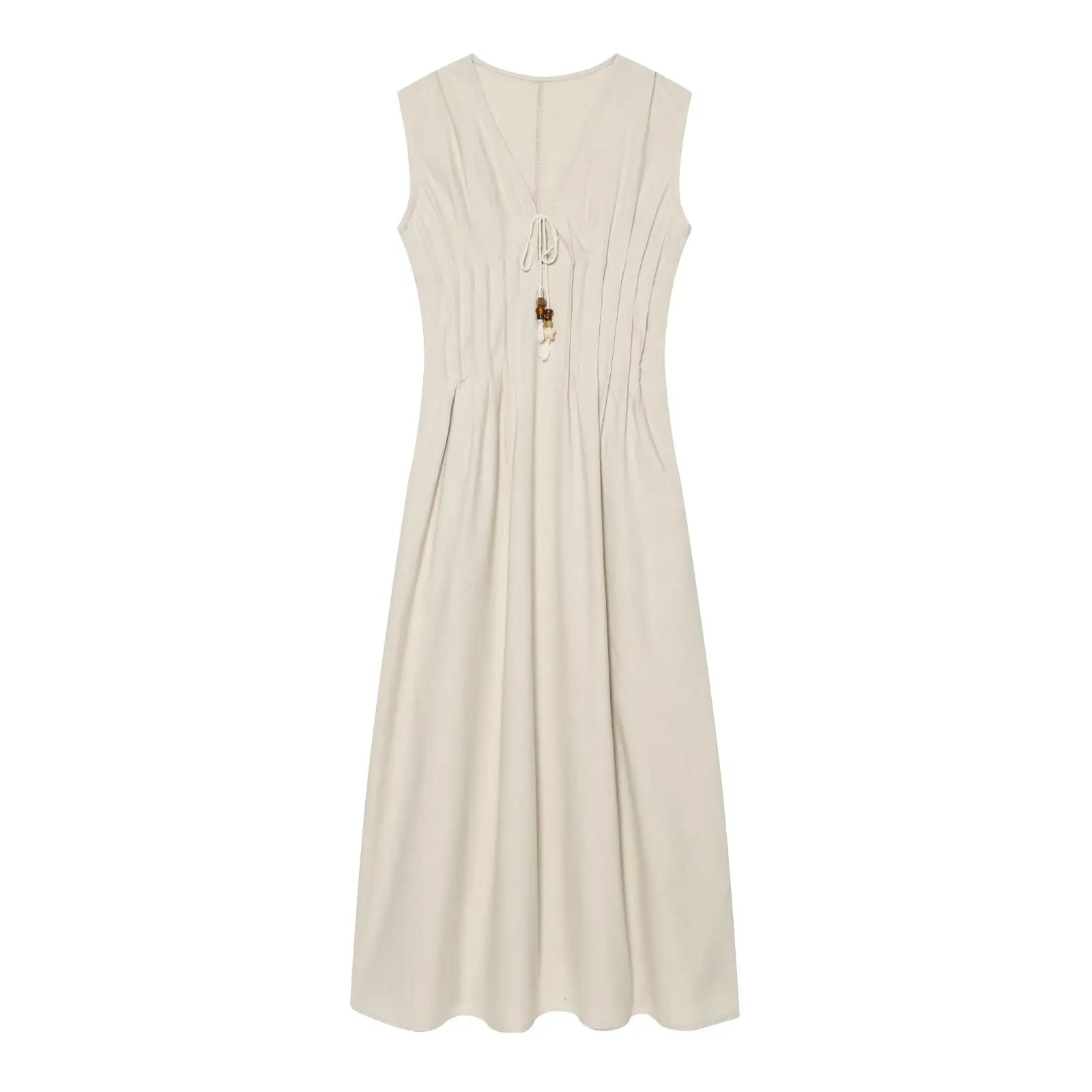 Abito Donna in Lino e Cotone – Vestito Beige Estivo con Scollo a V