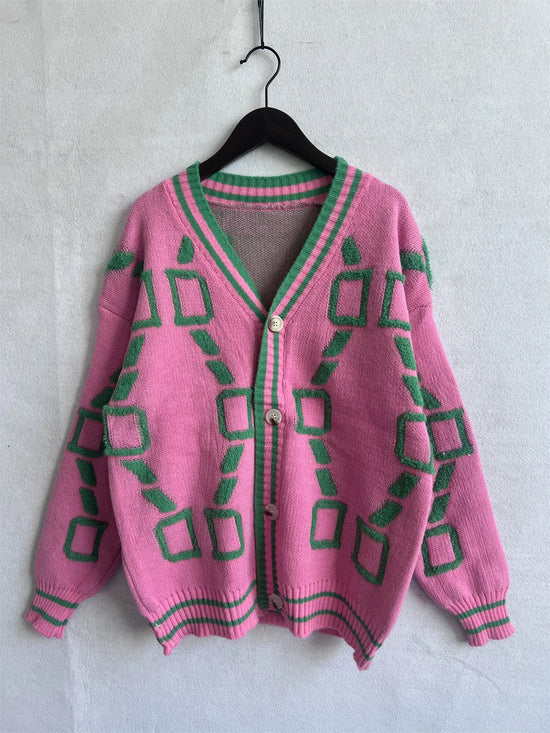 Cardigan lungo jacquard donna 2025 – Cappotto maglia jacquard con scollo a V, maniche lunghe e chiusura monopetto
