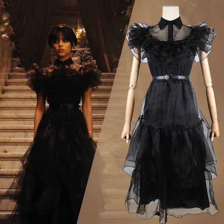 Costume Halloween Wednesday Addams 2025 ‒ abito nero elegante con pizzo & cut-out per party e role play