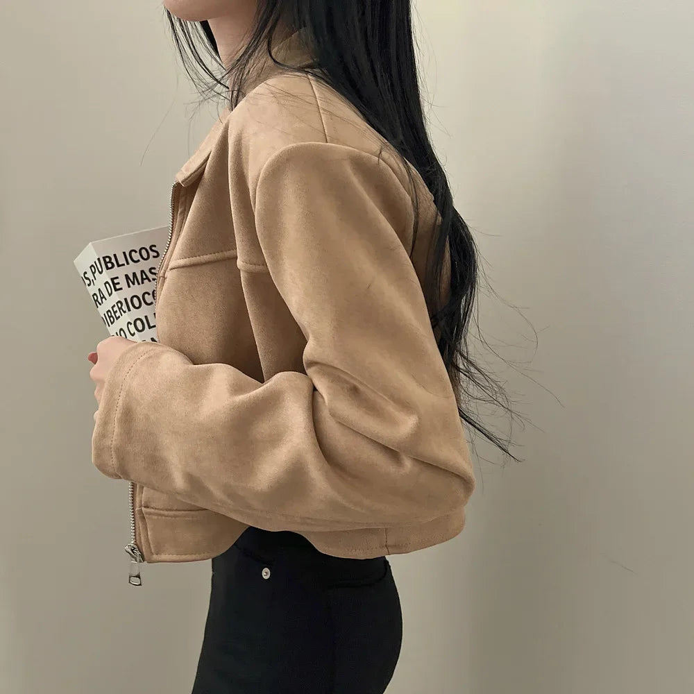 Giacca in pelle donna stile vintage – Giubbotto corto con zip, collo alla coreana, taglio slim fit, versatile e alla moda