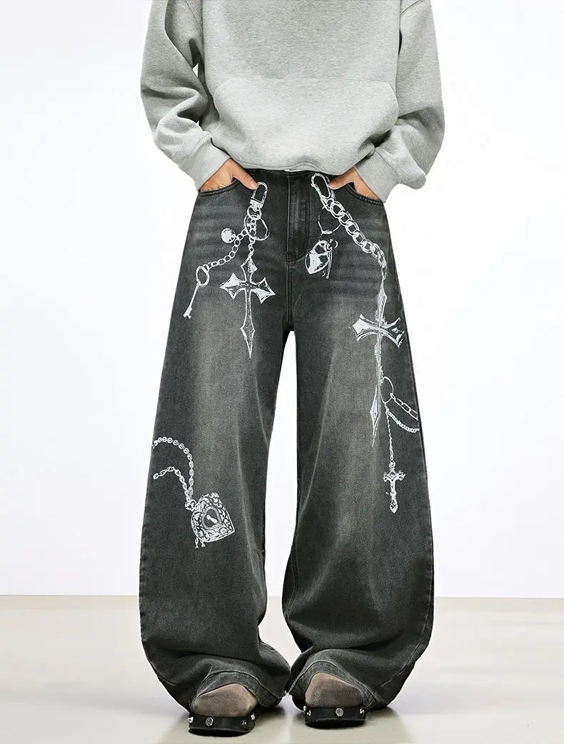 Jeans Baggy Unisex Neri con Stampa a Croce - immagine 11