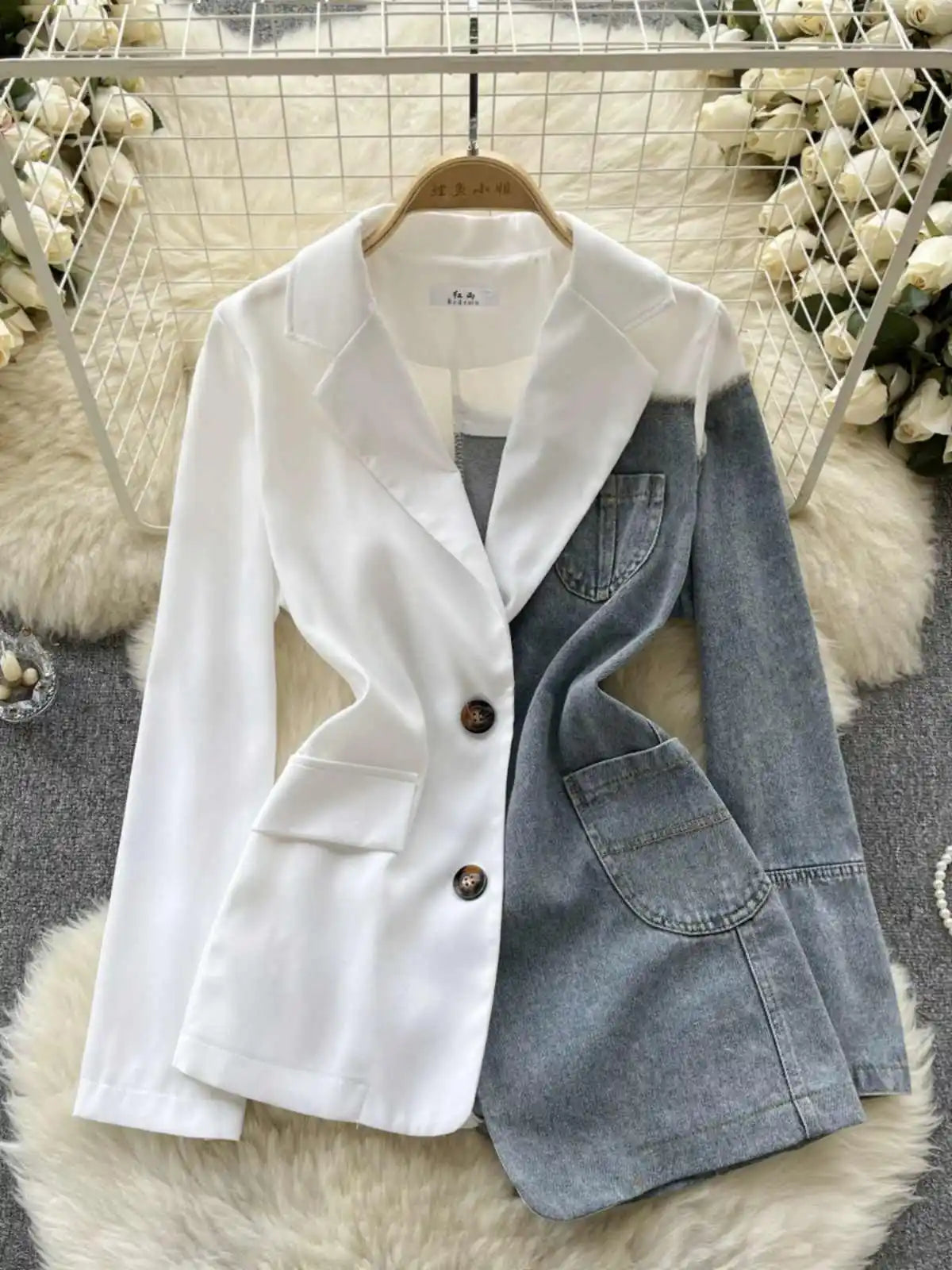 Giacca patchwork in denim con rever 2025 – blazer overshirt donna doppio bottone, vita slim, stile commuter