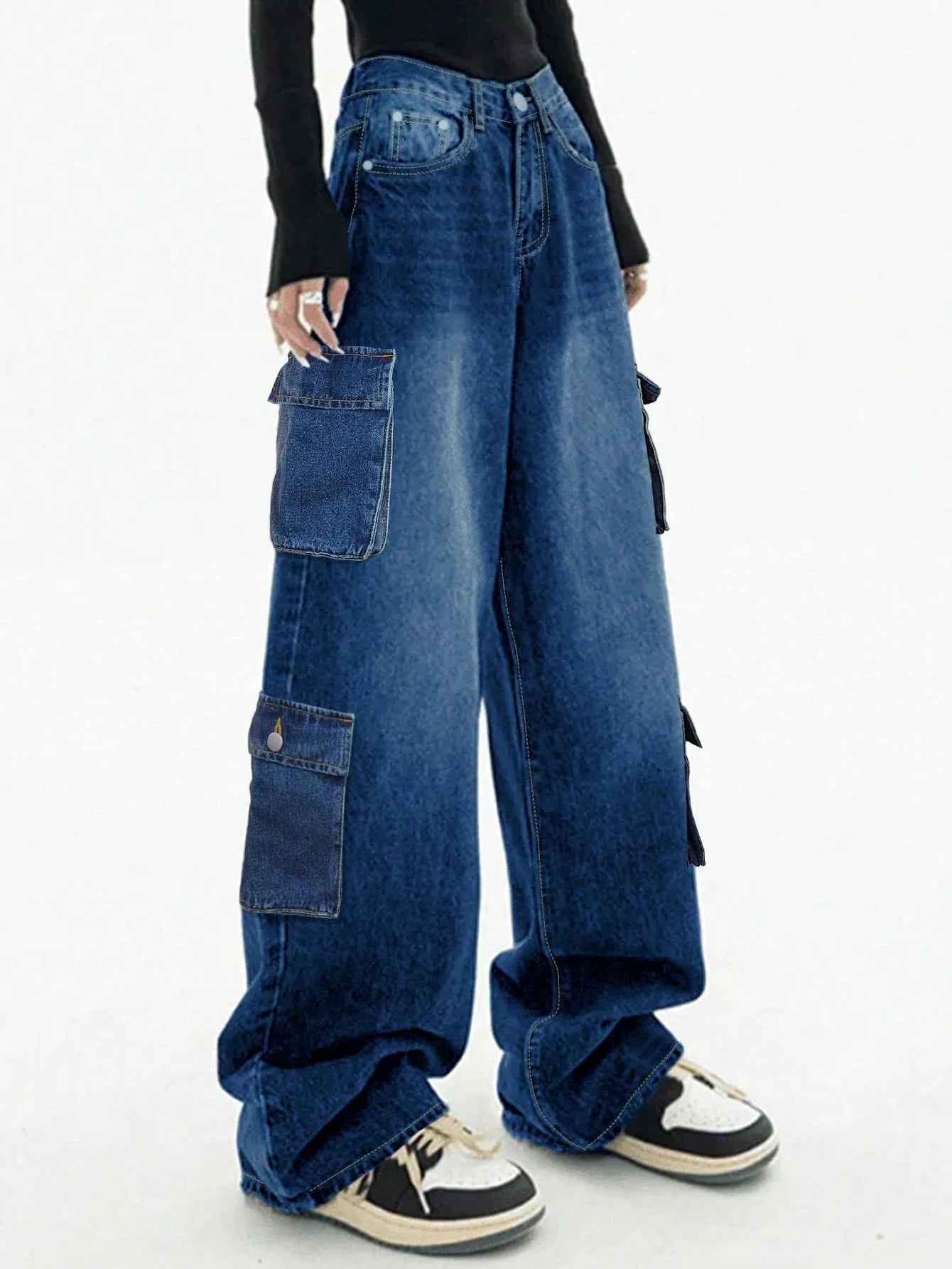 Jeans Baggy cargo straight-leg Y2K donna – vita alta, tasche laterali e stile streetwear dark blue