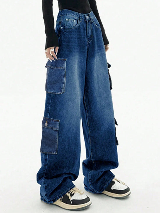 Jeans Baggy cargo straight-leg Y2K donna – vita alta, tasche laterali e stile streetwear dark blue